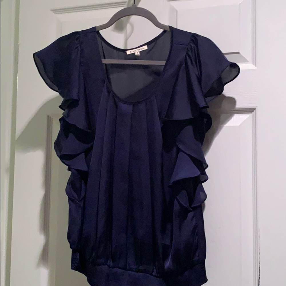 Faux silk navy blue shirt sleeves blouse